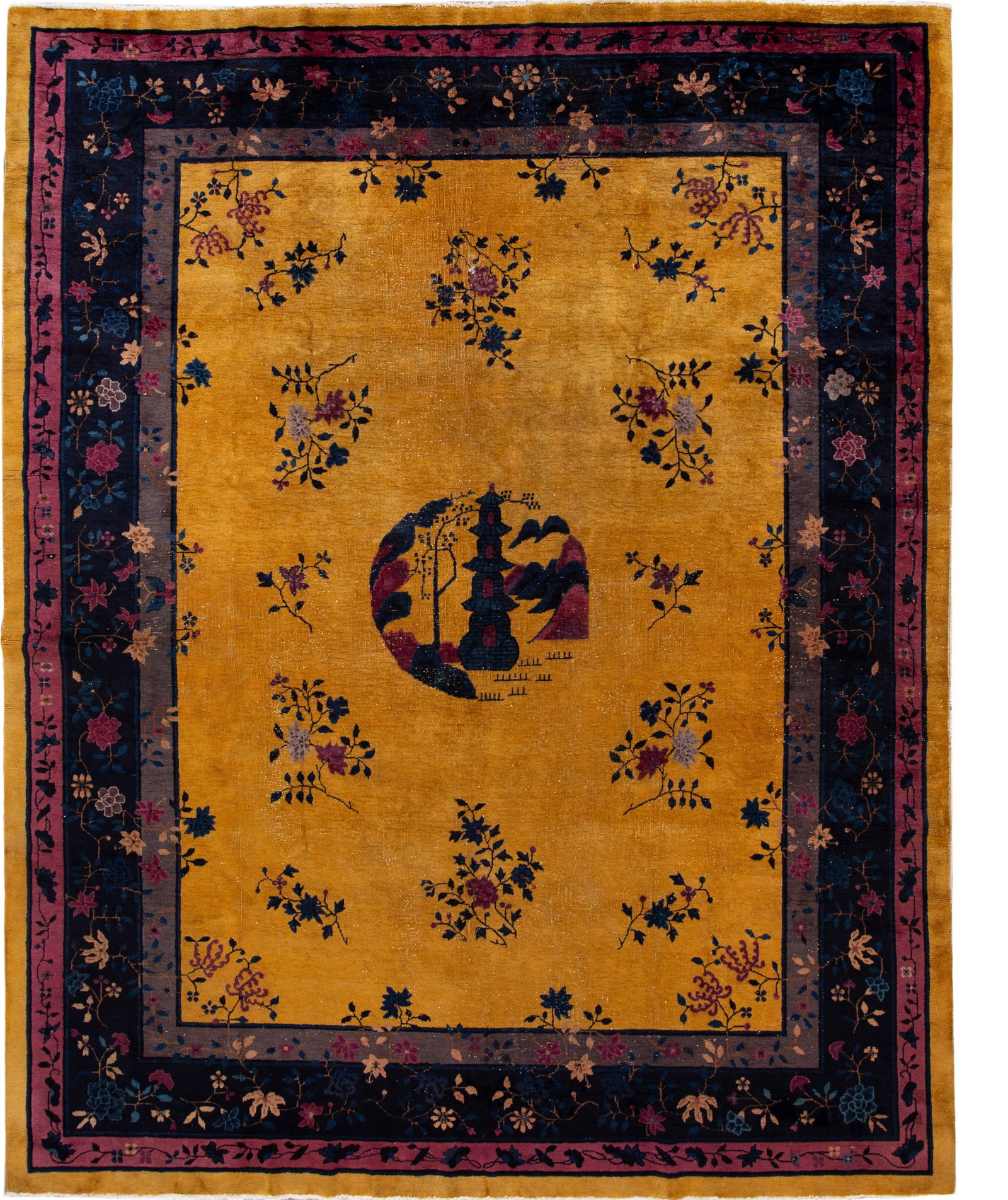Antique Chinese Art Deco Wool Rug 9 ft x 11 ft 5 in Floral Design: Antique Chinese Art Deco Wool Rug 9 ft x 11 ft 5 in Floral Design Enhance your space with this stunning antique Chinese Art Deco rug, meticulously hand-knotted from wool. The rug features a beautiful 