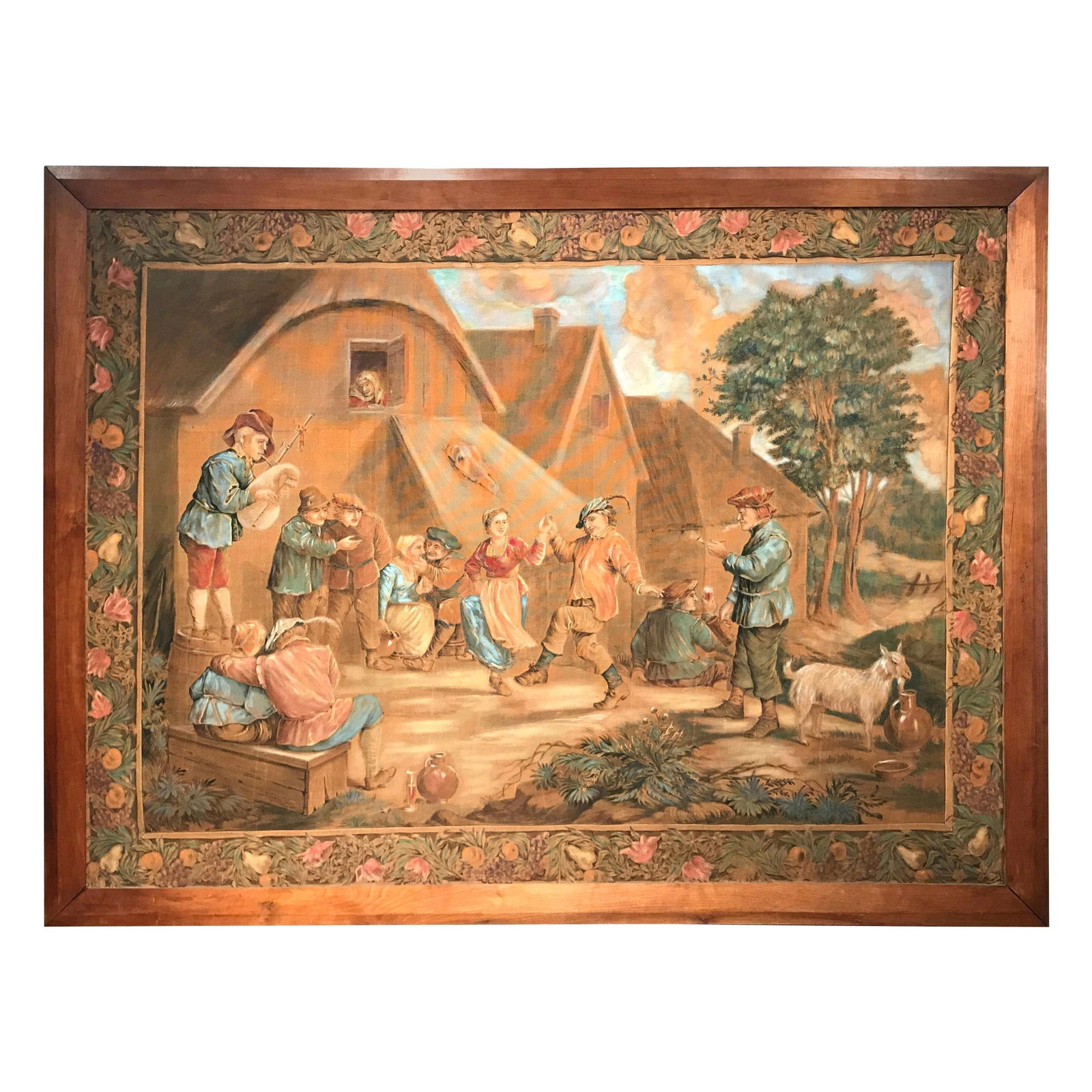 Large French Pastoral Wall Art After David Teniers Framed Canvas Circa 1870: Large French Pastoral Wall Art After David Teniers Framed Canvas Circa 1870 This late 19th-century French wall hanging features a large hand-painted canvas, created circa 1870 in the style of Flemish 