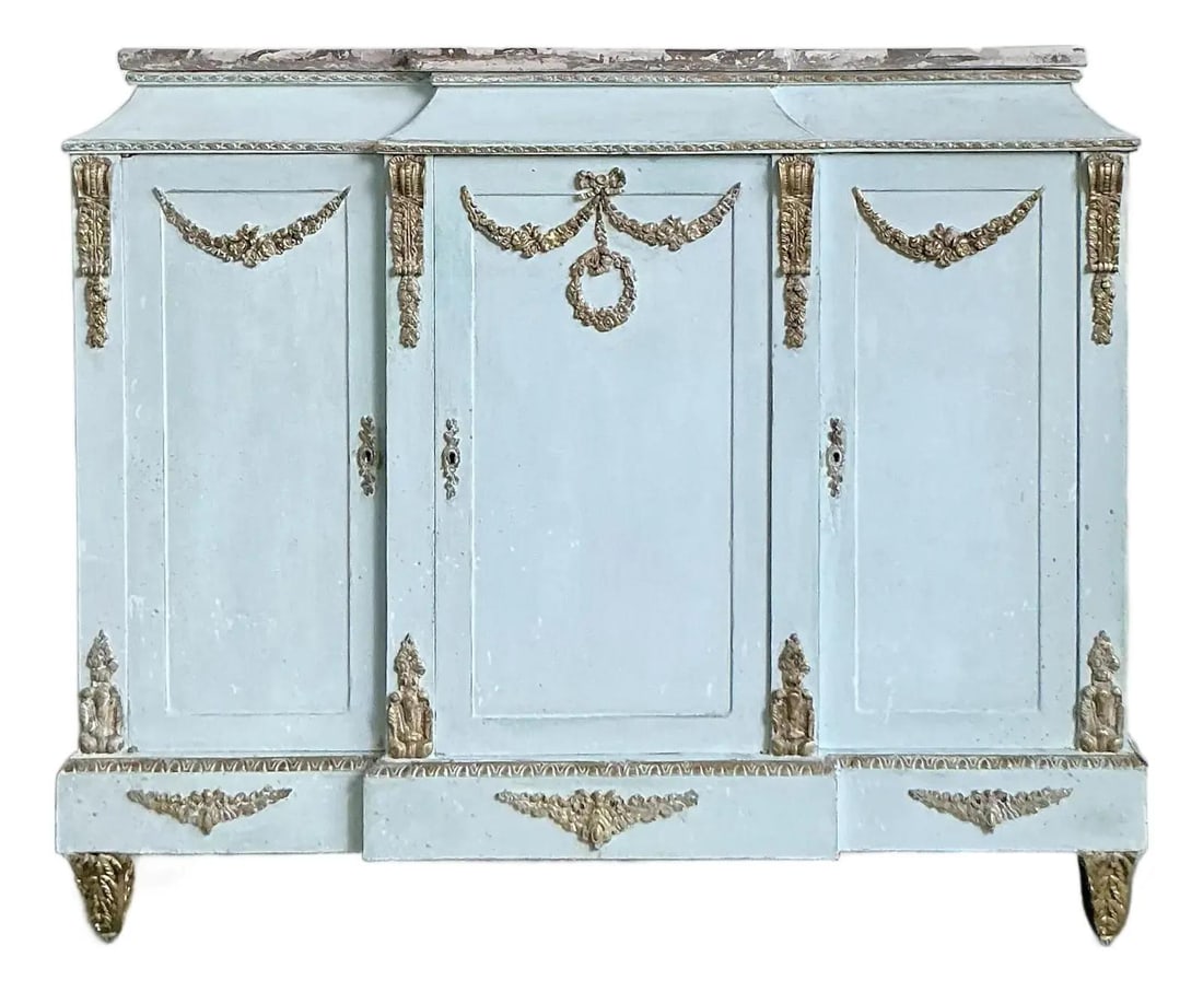 Neoclassical Blue and Gold Cabinet with Scagliola Marble-Look Top