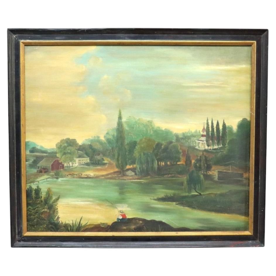 c1890 Folk Art Oil Painting on Canvas River Village Scene (1 of 12)