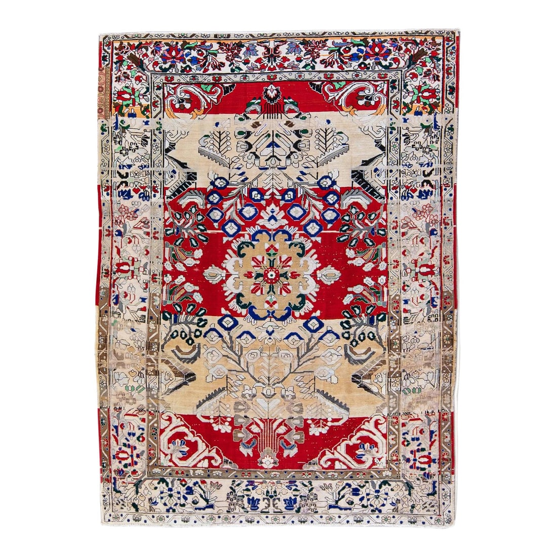 Vintage 1960s Persian Floral Wool Rug 7'5 x 9'11 Red Distressed