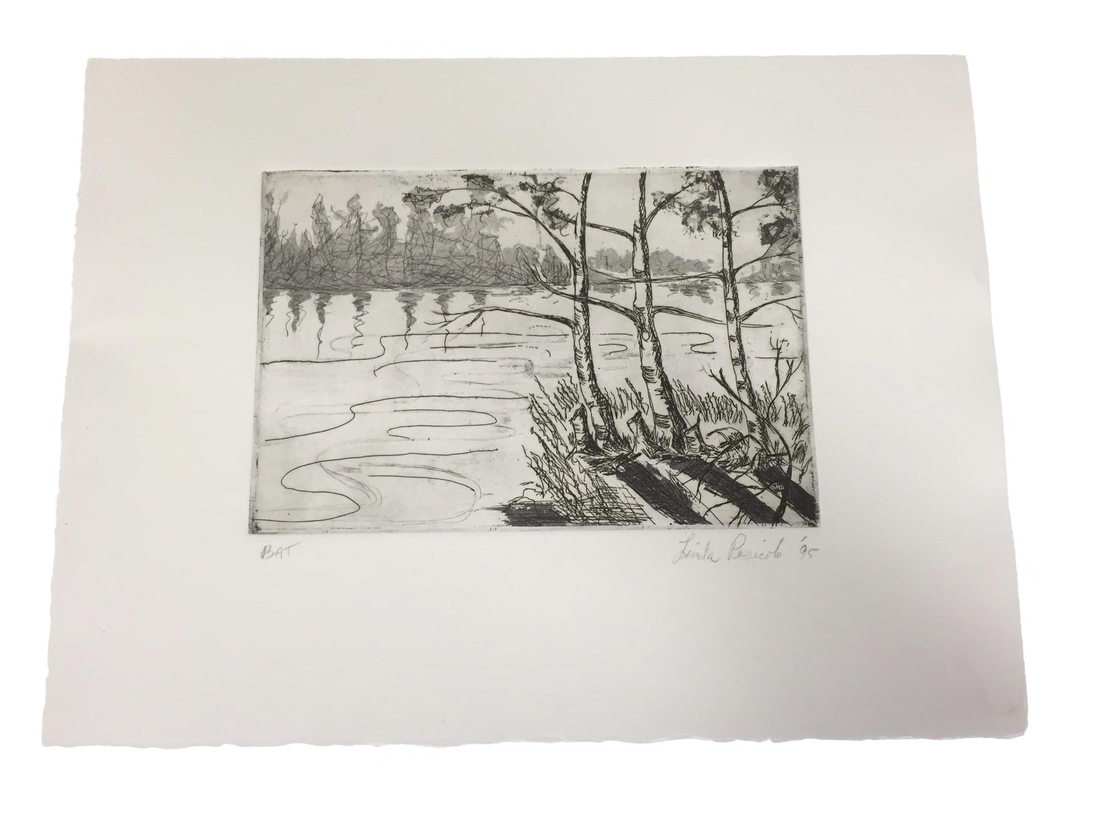 Linda Pericolo Signed Blue Landscape Block Print 15 x 11.25: Linda Pericolo Signed Blue Landscape Block Print 15 x 11.25 This exquisite block print by Linda Pericolo depicts a serene landscape scene, characterized by its impressionist style. The work is signed 