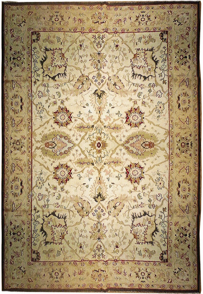 10 x 14.2 Handmade Ivory Green Agra Rug Premium Wool