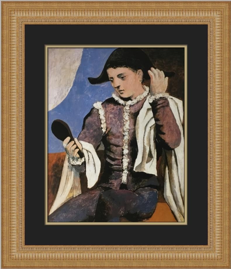 Framed offset lithograph print Pablo Picasso Harlequin with a Mirror: Framed offset lithograph print Pablo Picasso Harlequin with a Mirror Custom framed open edition print titled Harlequin with a Mirror by Pablo Picasso. The print is matted and framed in a portrait orie