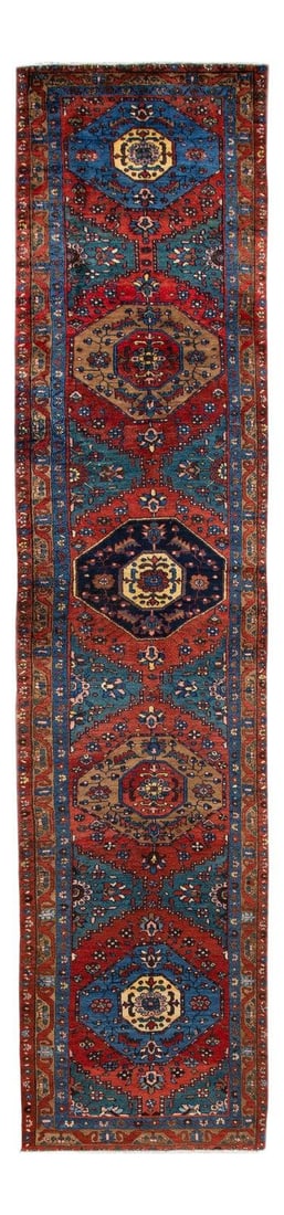 Antique Heriz Handmade Wool Runner 3'5 x 14'8 Blue Red Floral