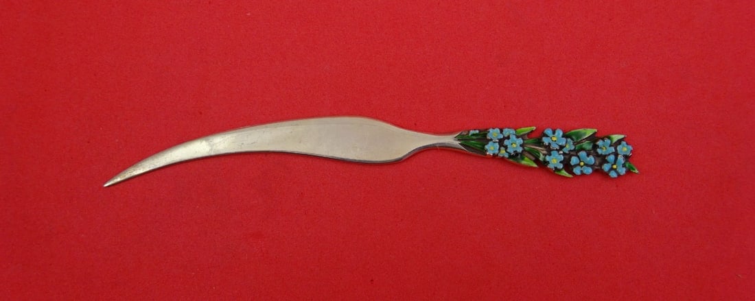 Sterling Silver Letter Opener Shiebler Pattern With Enameled Forget Me Nots 4 5/8": Sterling Silver Letter Opener Shiebler Pattern With Enameled Forget Me Nots 4 5/8" This sterling silver letter opener by Shiebler features enameled forget-me-not decoration and measures 4 5/8 inches i