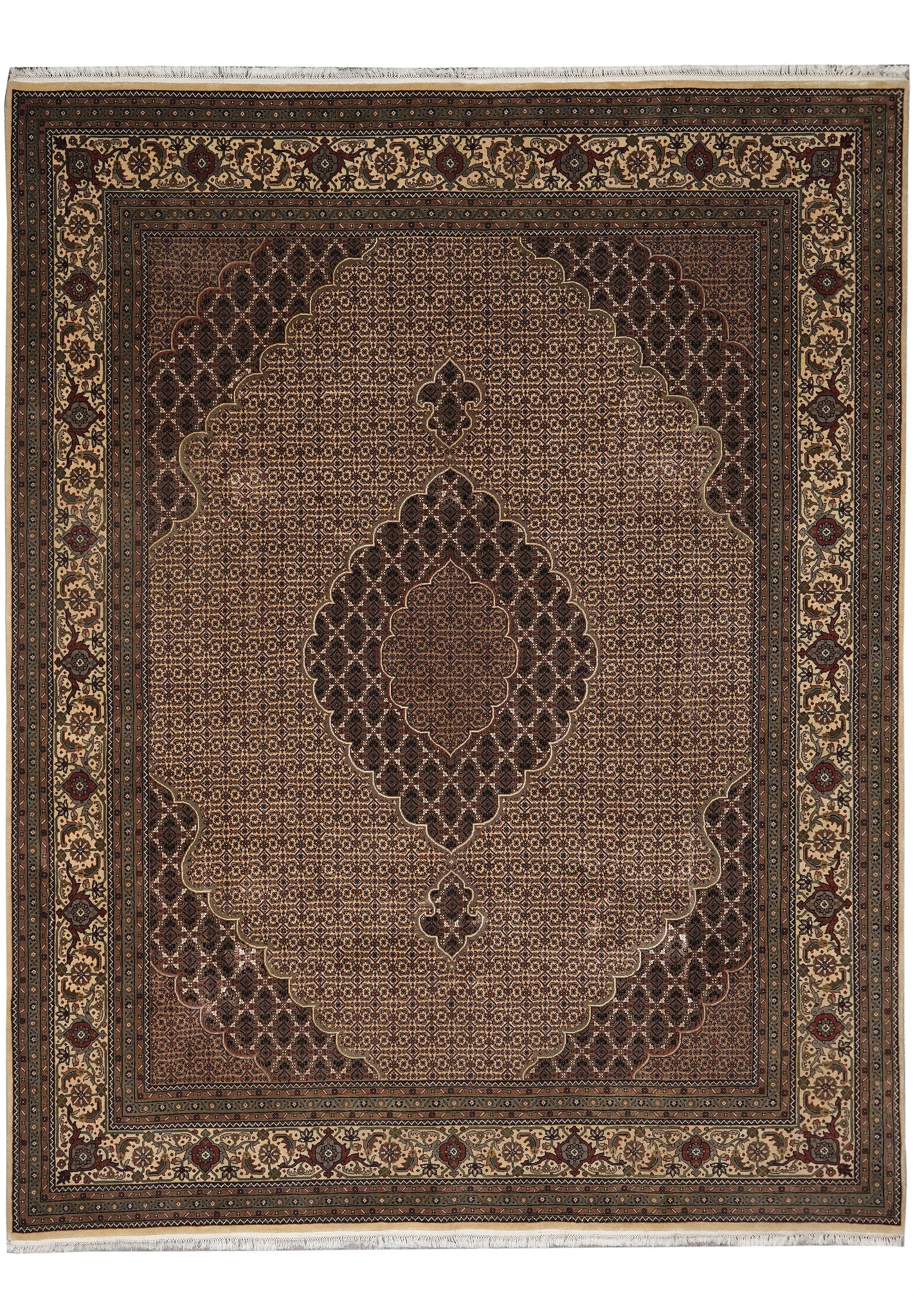8.1 x 10 Handmade Tabriz Mahi Wool Silk Area Rug Beige Persian Design: 8.1 x 10 Handmade Tabriz Mahi Wool Silk Area Rug Beige Persian Design Free continental US Shipping This handmade Tabriz Mahi area rug is expertly crafted in Tabriz, Iran, featuring a traditional Mahi 