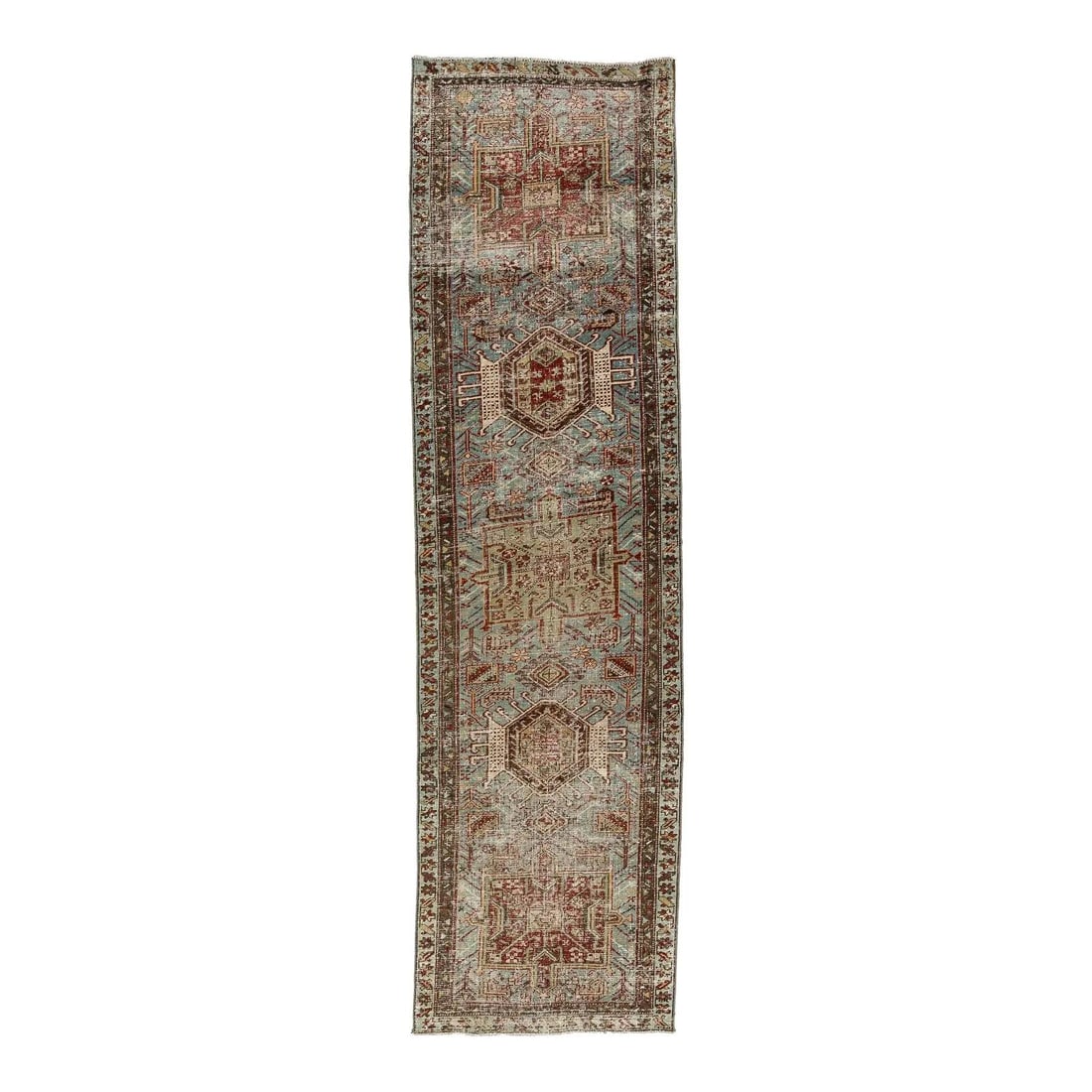 2'8" x 9'10" Antique Heriz Serapi Wool Runner Rug Blue Sage