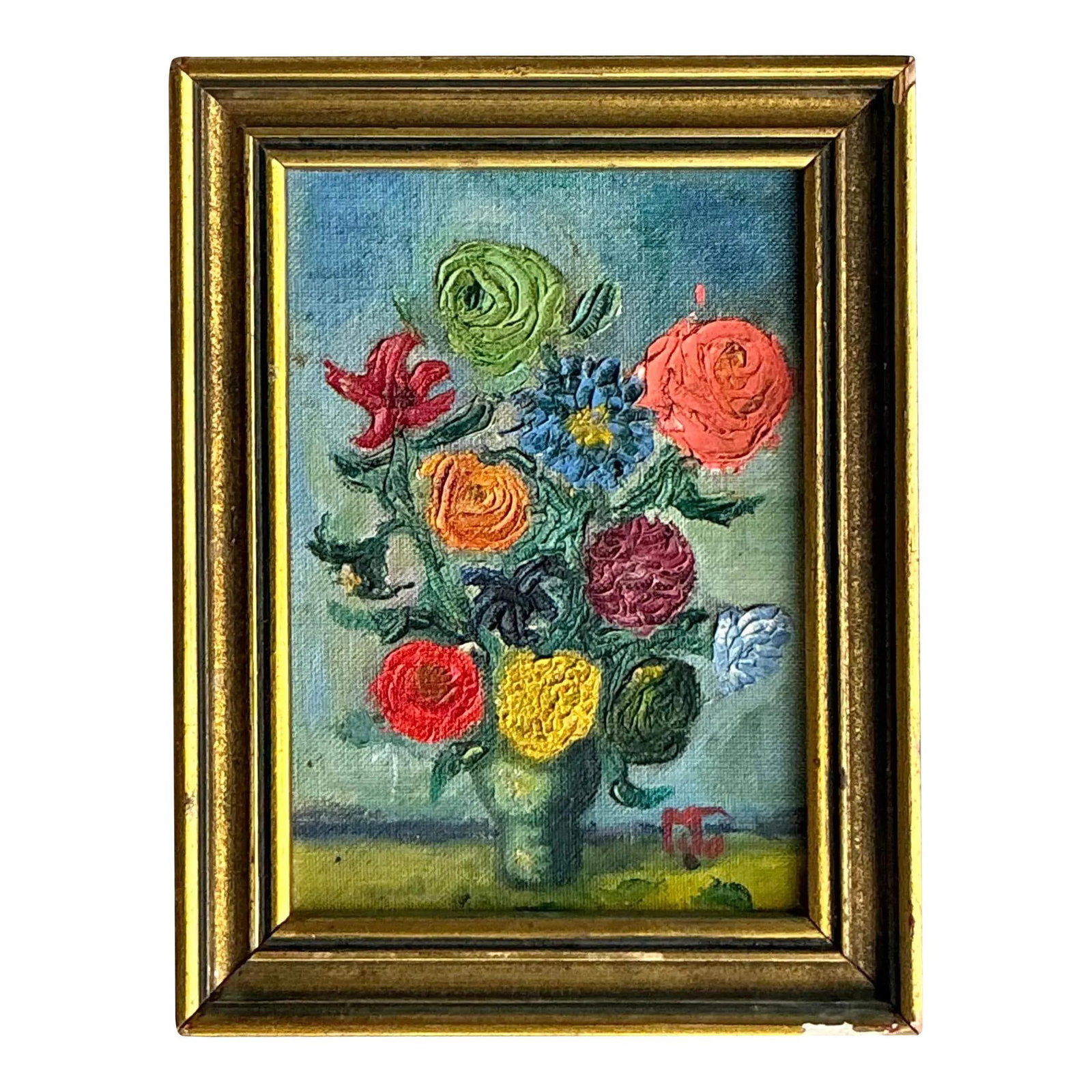 Vintage Boho Floral Oil Painting in Gold Frame 6.5x8.5: Vintage Boho Floral Oil Painting in Gold Frame 6.5x8.5 This vintage original oil painting features a stunning arrangement of vibrant flowers, crafted in a rich, textured impasto style. The artwork is 