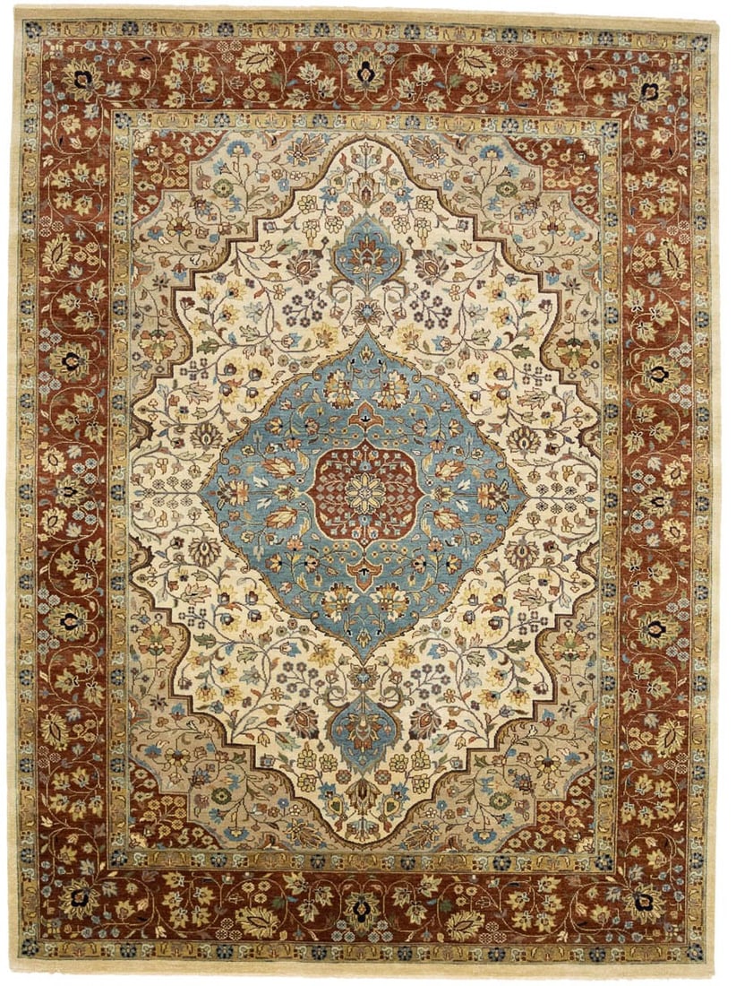 Ivory Floral Hand-Knotted Chobi Oriental Rug 9x12 ft