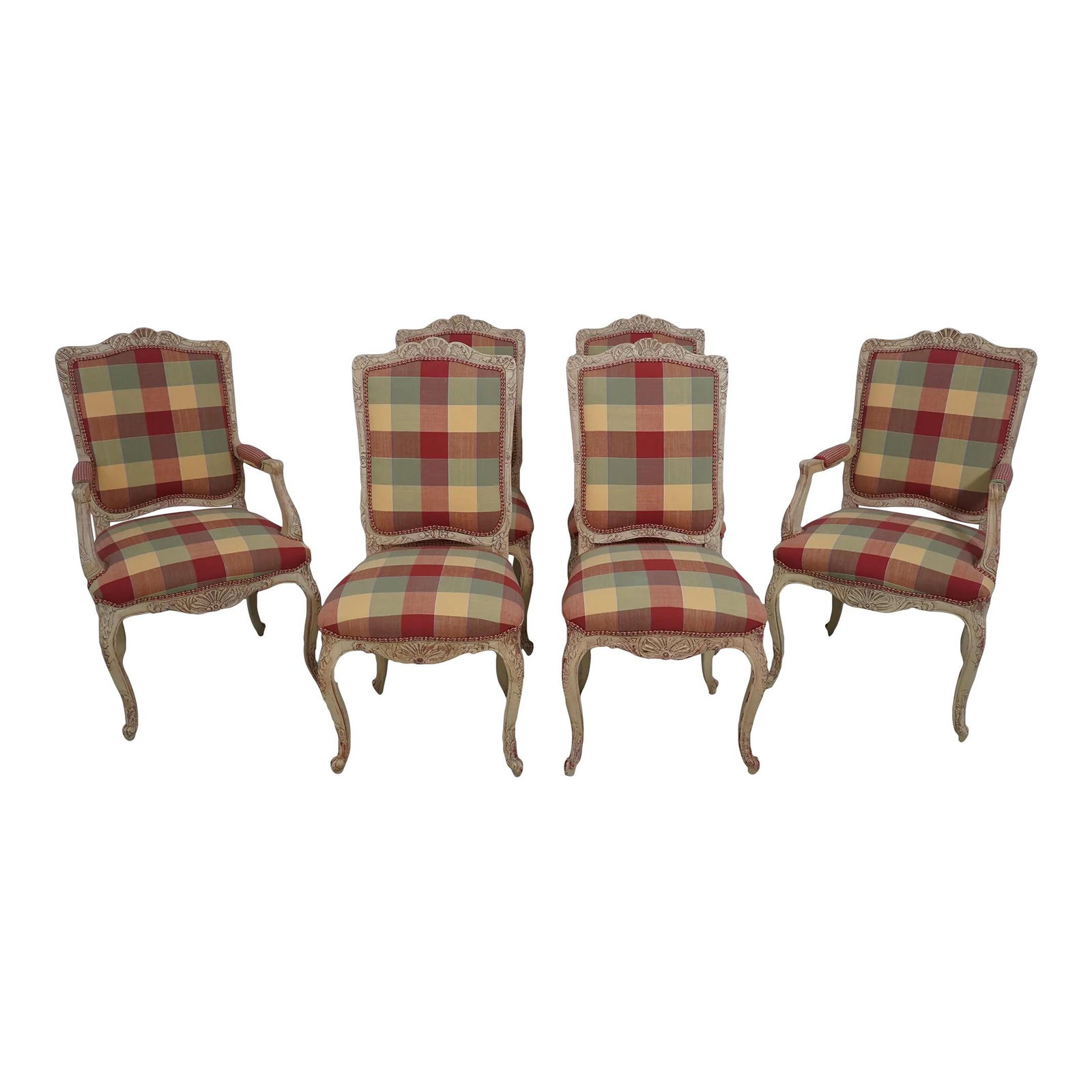 Set of 6 French Louis XV Style Dining Chairs with Plaid Upholstery