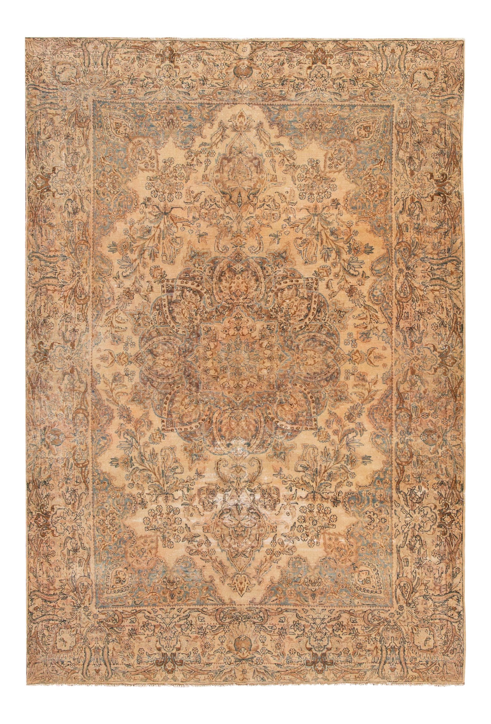 Antique Kerman Hand-Knotted Tan Wool Rug 7' x 10'2" Floral Medallion