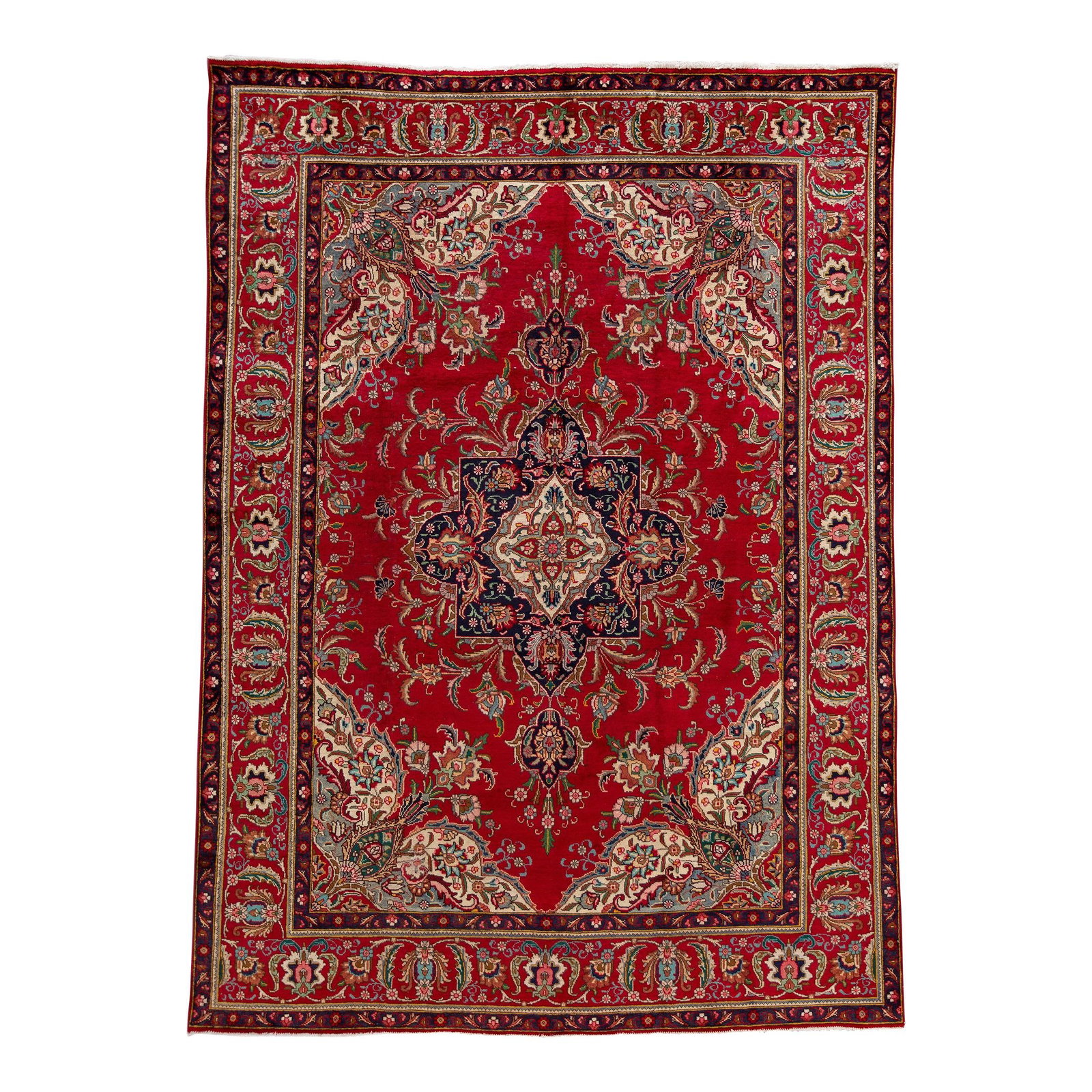 Vintage Persian Tabriz Hand-Knotted Wool Floral Rug 7'10 x 11'0: Vintage Persian Tabriz Hand-Knotted Wool Floral Rug 7'10 x 11'0 Experience the elegance of this vintage Persian Tabriz hand-knotted wool rug, featuring a stunning red field adorned with a vibrant all-