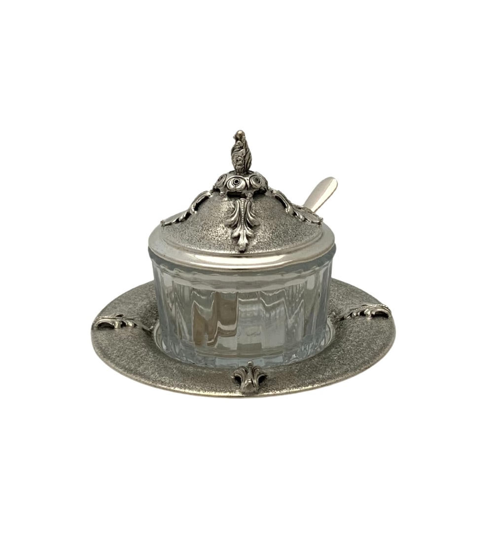 Sterling silver glass honey dish tray spoon leaf applique (1 of 5)