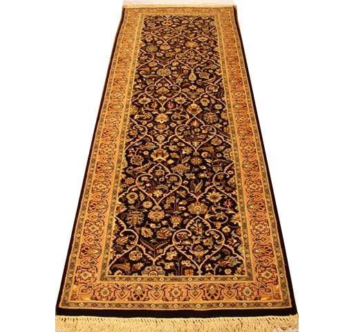Luxurious 2'6" x 8' Black Wool Silk Tabriz Runner Handmade in China: Luxurious 2'6" x 8' Black Wool Silk Tabriz Runner Handmade in China Free continental US Shipping Introducing the exquisite 2.6 x 8 Black Wool & Silk Sino Tabriz Runner, a luxurious addition to elevate