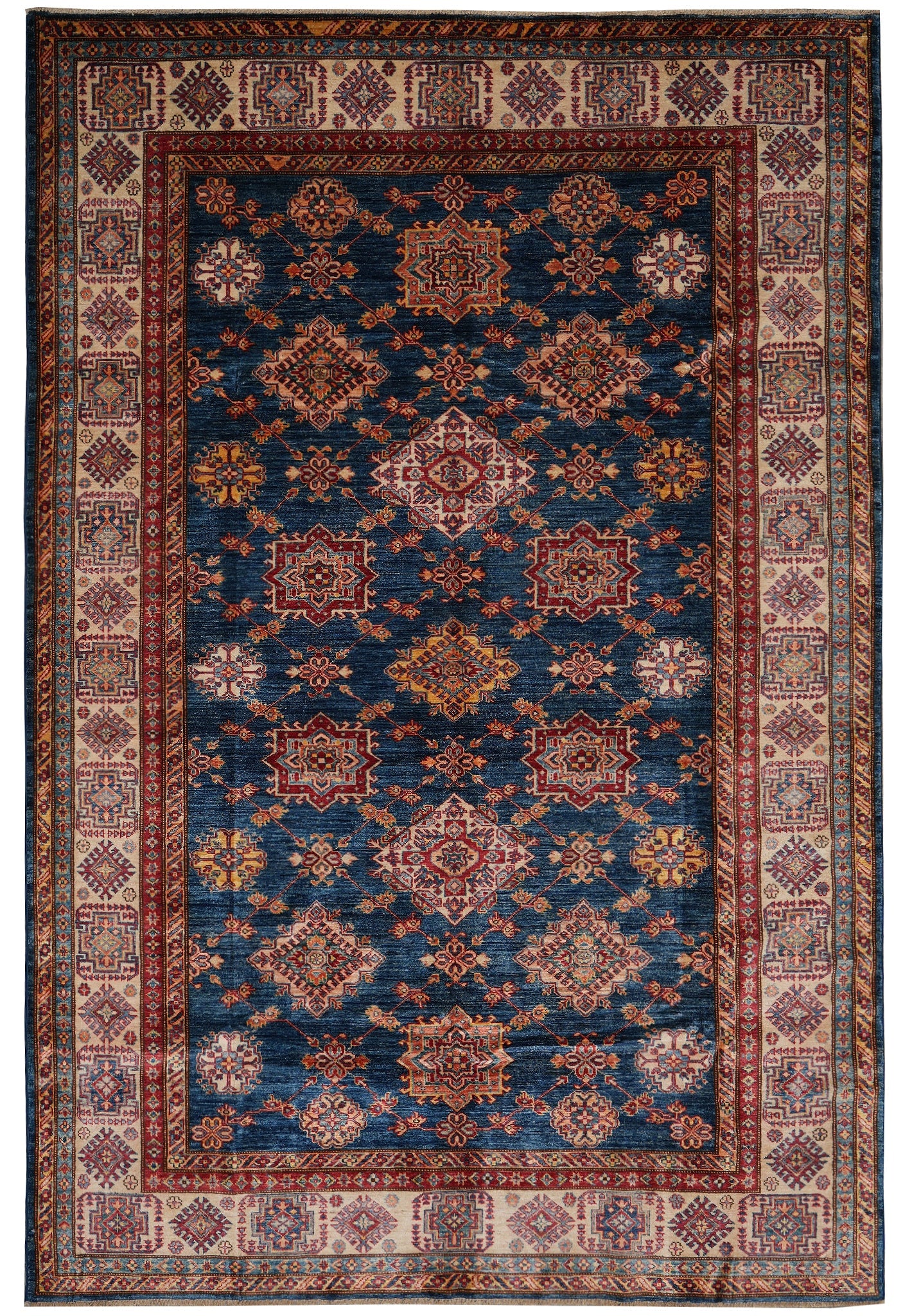 6.8 x 9.7 Blue Silky Wool Hand Knotted Super Kazak Rug