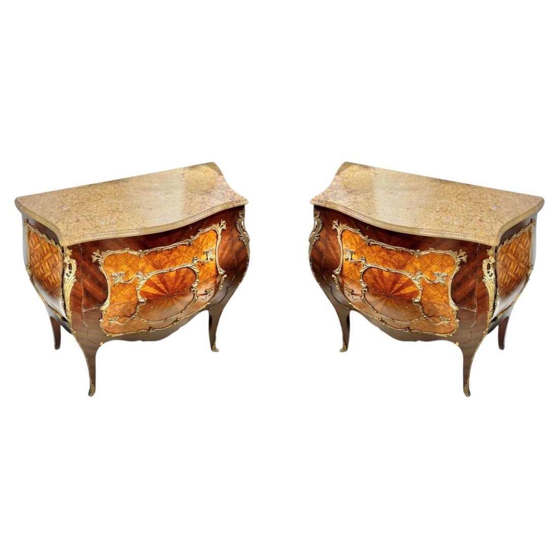 Set of Two French Louis XV Bombe Marble Top Commodes with Inlay: Set of Two French Louis XV Bombe Marble Top Commodes with Inlay This pair of antique French commodes features a bombe shape in the Louis XV style, each topped with marble and adorned with inlaid parqu