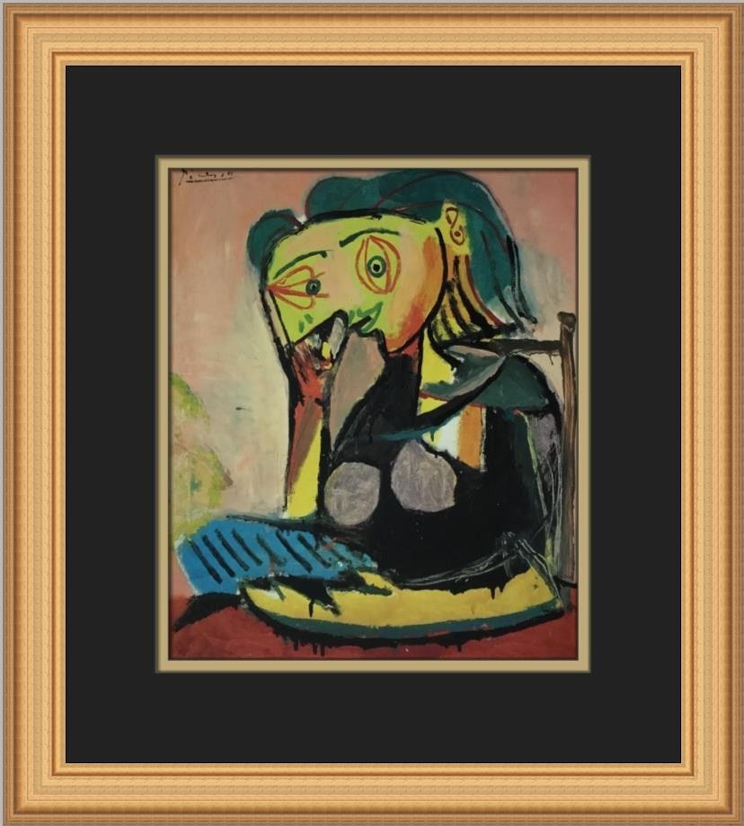 Pablo Picasso Portrait of Lee Miller Custom Framed Print 1987: Pablo Picasso Portrait of Lee Miller Custom Framed Print 1987 This stunning custom framed print features Pablo Picasso's iconic artwork, 'Portrait of Lee Miller'. Measuring 15 in. by 13 in., it is fra