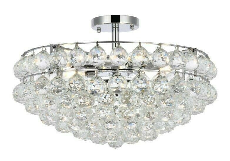 Savannah 5 Light Crystal Semi Flush Chandelier Chrome 20 in: Savannah 5 Light Crystal Semi Flush Chandelier Chrome 20 in Modern 5-light semi flush mount chandelier with a chrome finish and clear royal cut crystals. It features a round shade shape, downward ligh