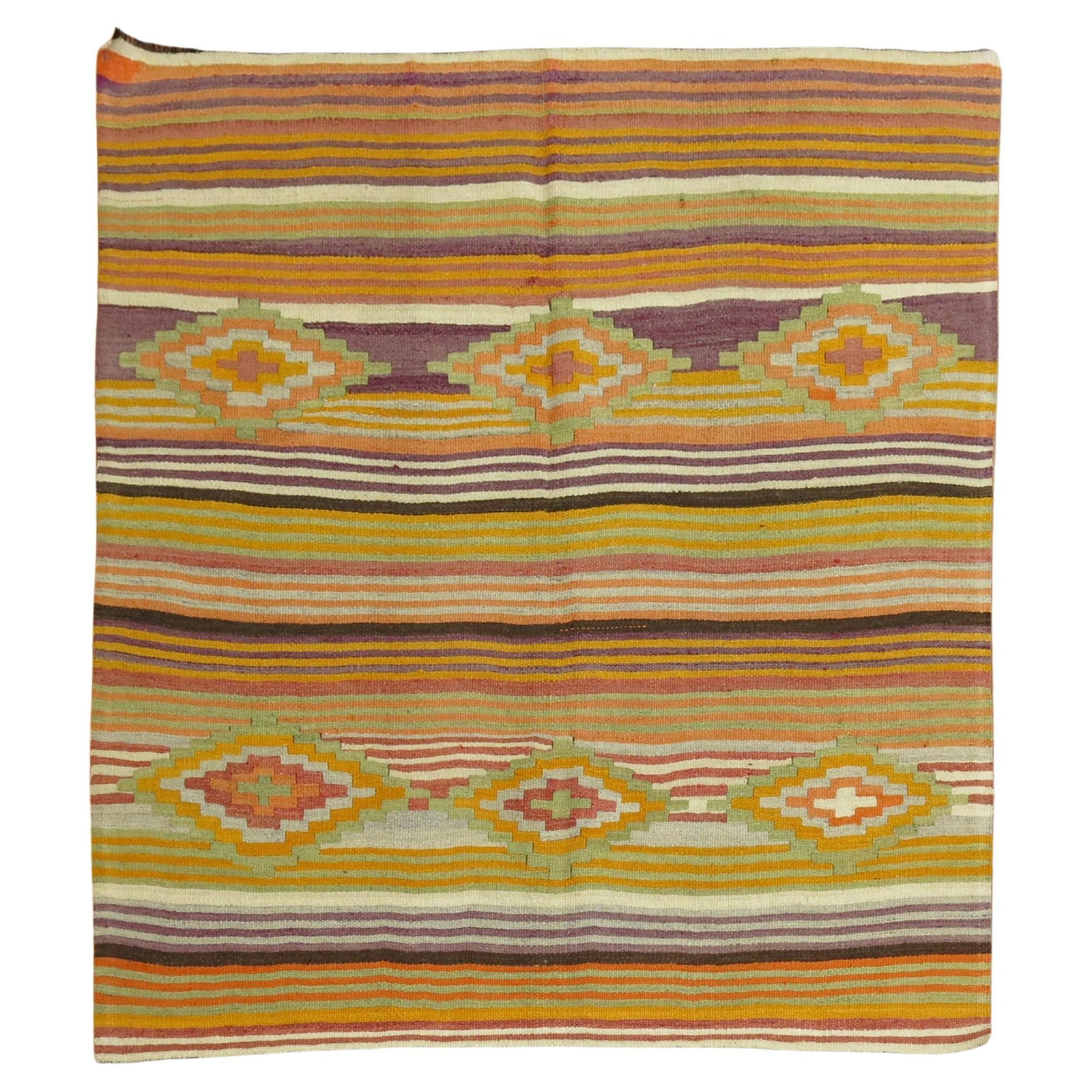 Vintage Turkish Kilim Square Rug Wool Hand-Knotted 5' x 5'3'': Vintage Turkish Kilim Square Rug Wool Hand-Knotted 5' x 5'3'' Discover the beauty of this vintage Turkish square Kilim, showcasing a vibrant striped design that adds a touch of elegance to any space. 