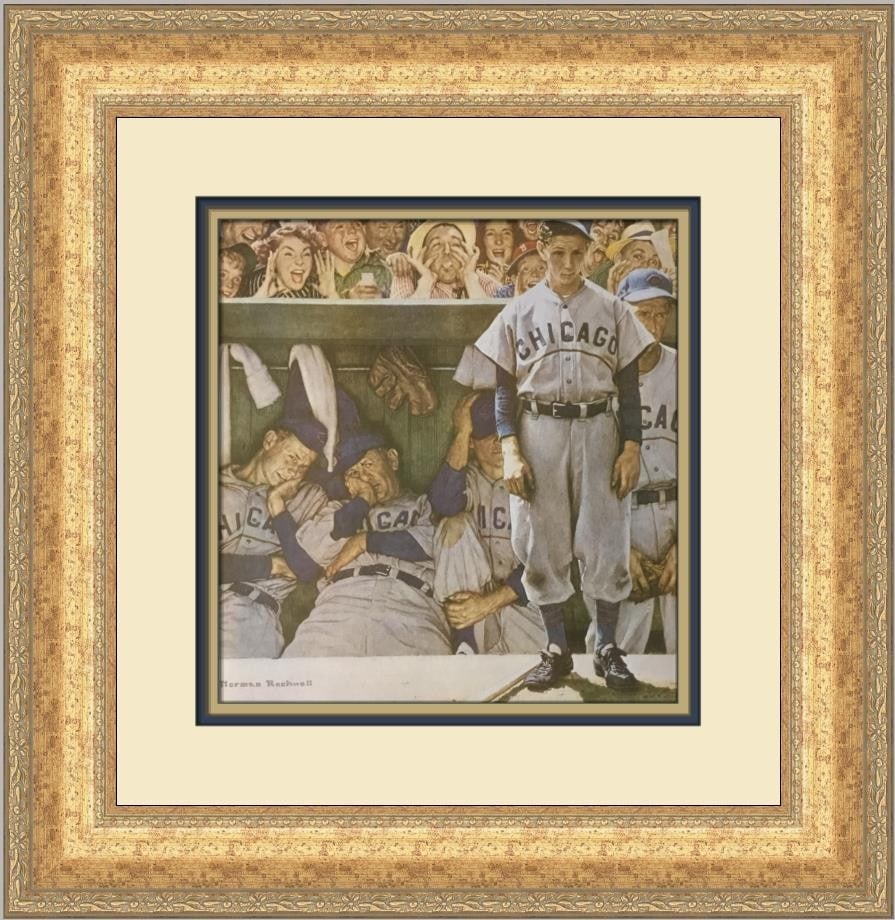 Matted Framed Norman Rockwell The Dugout Open Edition Print: Matted Framed Norman Rockwell The Dugout Open Edition Print This is a custom-framed open edition offset lithograph print of Norman Rockwell's "The Dugout," produced in 1979. The artwork is professiona