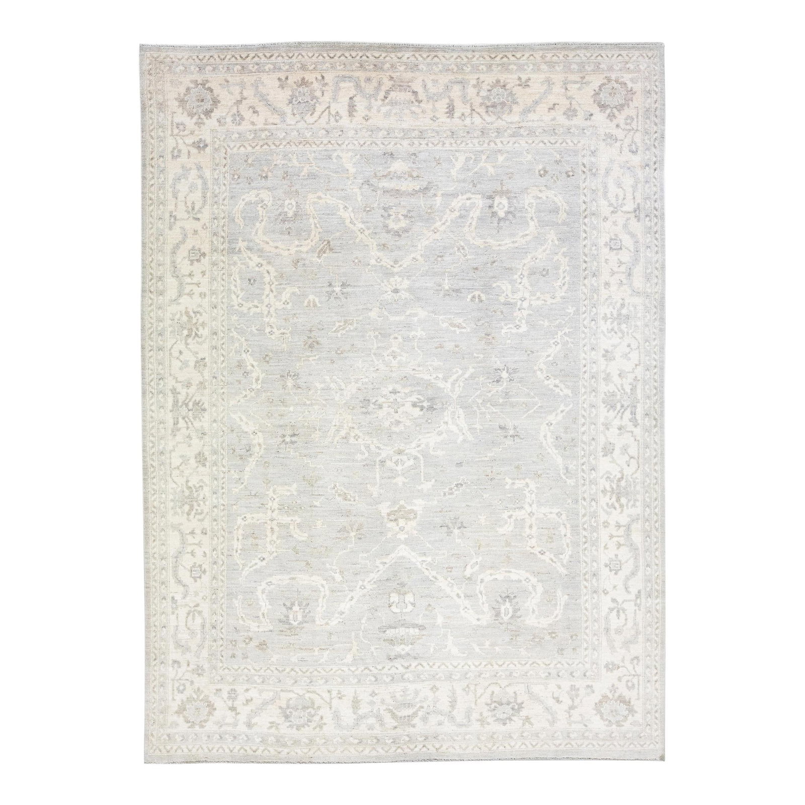 Handmade Modern Oushak Gray Floral Wool Rug 8'5 x 11'6: Handmade Modern Oushak Gray Floral Wool Rug 8'5 x 11'6 Enhance your living space with this stunning modern Oushak hand-knotted wool rug. Featuring a sleek gray field adorned with elegant beige and bro