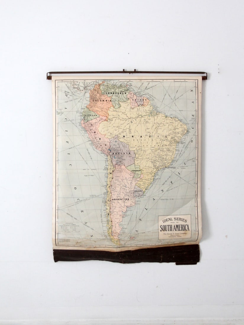 Vintage 1938 George F Cram South America Pull Down Map Ideal Series: Vintage 1938 George F Cram South America Pull Down Map Ideal Series This vintage 1938 George F. Cram pull-down map of South America offers a colorful and detailed depiction of the continent, part of t