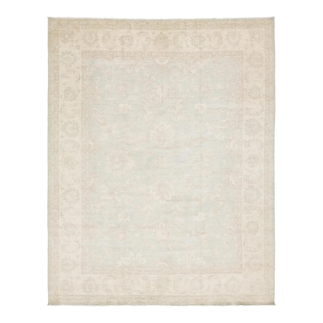 12'1" x 15'2" Peshawar wool rug hand knotted floral in cream and light blue