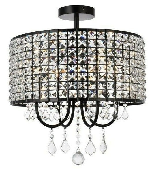 Living District Elise black crystal flush mount 4-light chandelier: Living District Elise black crystal flush mount 4-light chandelier This semi flush mount chandelier features a modern design with a black iron finish and royal cut clear crystal accents. It is designe