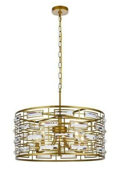 Kennedy 24 in Crystal Glass Chandelier 5 Light Brass Finish