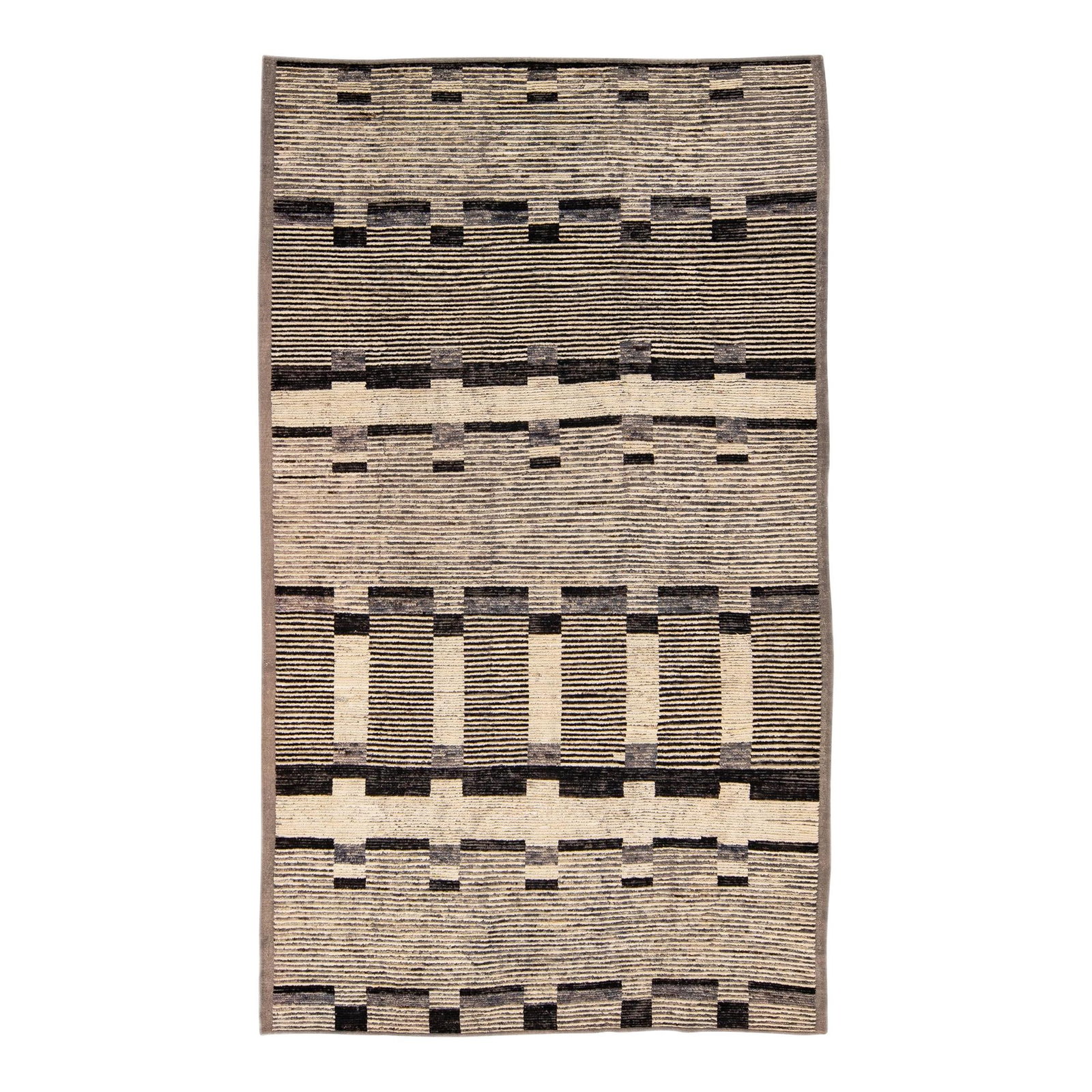 Modern Beige Handmade Wool Rug with Brown Geometric Pattern 8'4 x 14'6: Modern Beige Handmade Wool Rug with Brown Geometric Pattern 8'4 x 14'6 Enhance your space with this exquisite Moroccan style handmade wool rug, featuring a stylish beige field complemented by rich bro