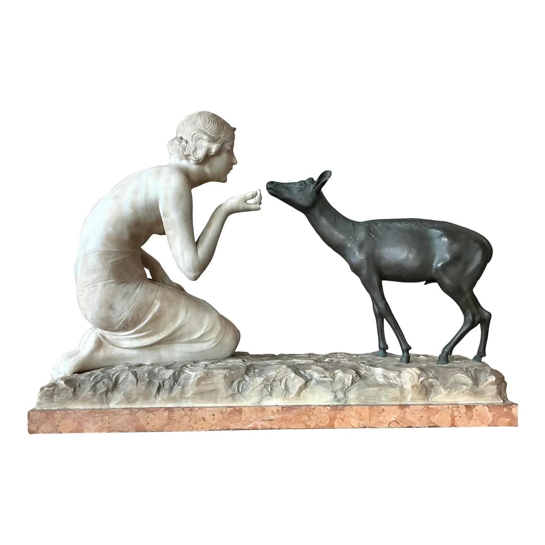 Carved Stone and Bronze Sculpture Femme a La Biche by R Ponti