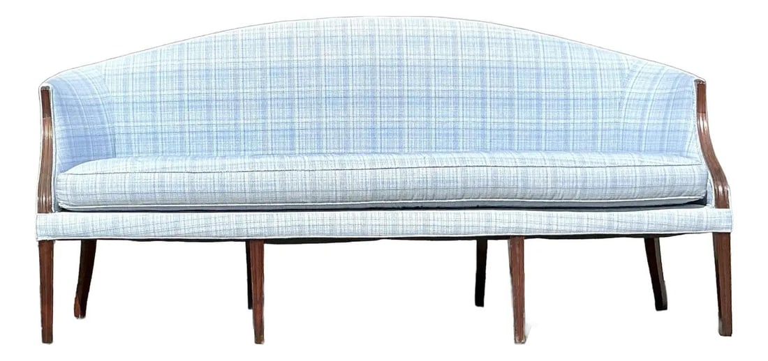 Vintage Regency Federal-Style Mahogany Frame Sofa Sky Blue Upholstery: Vintage Regency Federal-Style Mahogany Frame Sofa Sky Blue Upholstery Experience classic elegance with this Vintage Regency Federal Mahogany Frame Sofa. Crafted with a beautifully curved mahogany fram