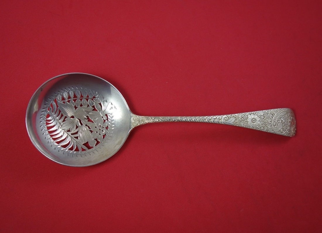 Sterling Silver Pea Spoon J.E. Caldwell Paisley Design Bright Cut Pierced (1 of 1)