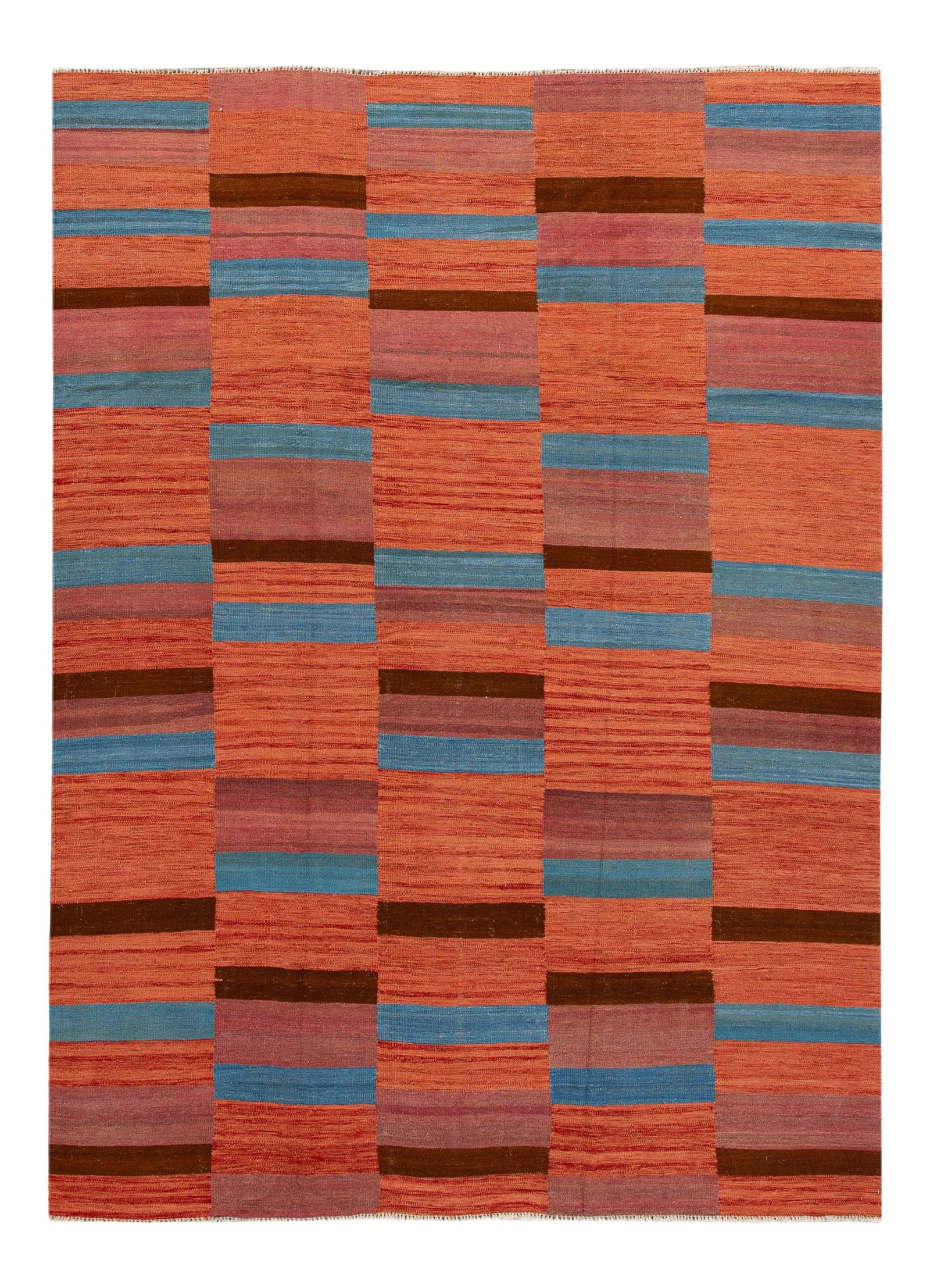 Vibrant Orange Geometric Abstract Wool Kilim Rug 8'3 x 11'3: Vibrant Orange Geometric Abstract Wool Kilim Rug 8'3 x 11'3 Enhance your space with this stunning modern Kilim flat-weave wool rug, featuring a vibrant orange field. The geometric abstract design is b