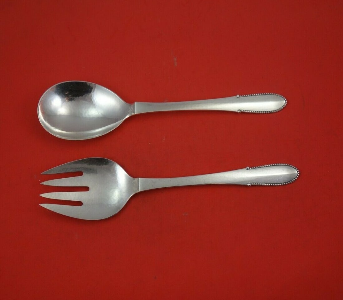 Georg Jensen Beaded Sterling Silver Salad Serving Set 2pc 10 1/4 in