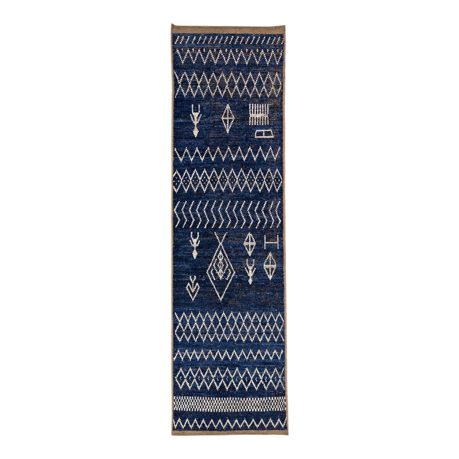 Navy Blue Handmade Wool Runner Rug with Tribal Design: Navy Blue Handmade Wool Runner Rug with Tribal Design Enhance your space with this stunning Moroccan-style handmade wool runner. Featuring a rich navy blue field, this modern rug showcases light brown