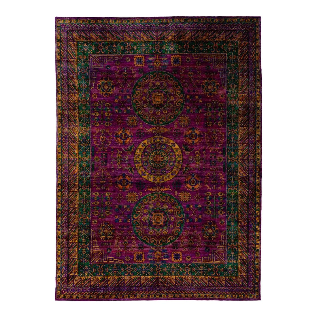Vibrant Hand-Knotted Purple Silk Rug with Rosette Design 8'11 x 12'3: Vibrant Hand-Knotted Purple Silk Rug with Rosette Design 8'11 x 12'3 Enhance your living space with this stunning hand-knotted contemporary rug, showcasing an enchanting rosette motif in vibrant color