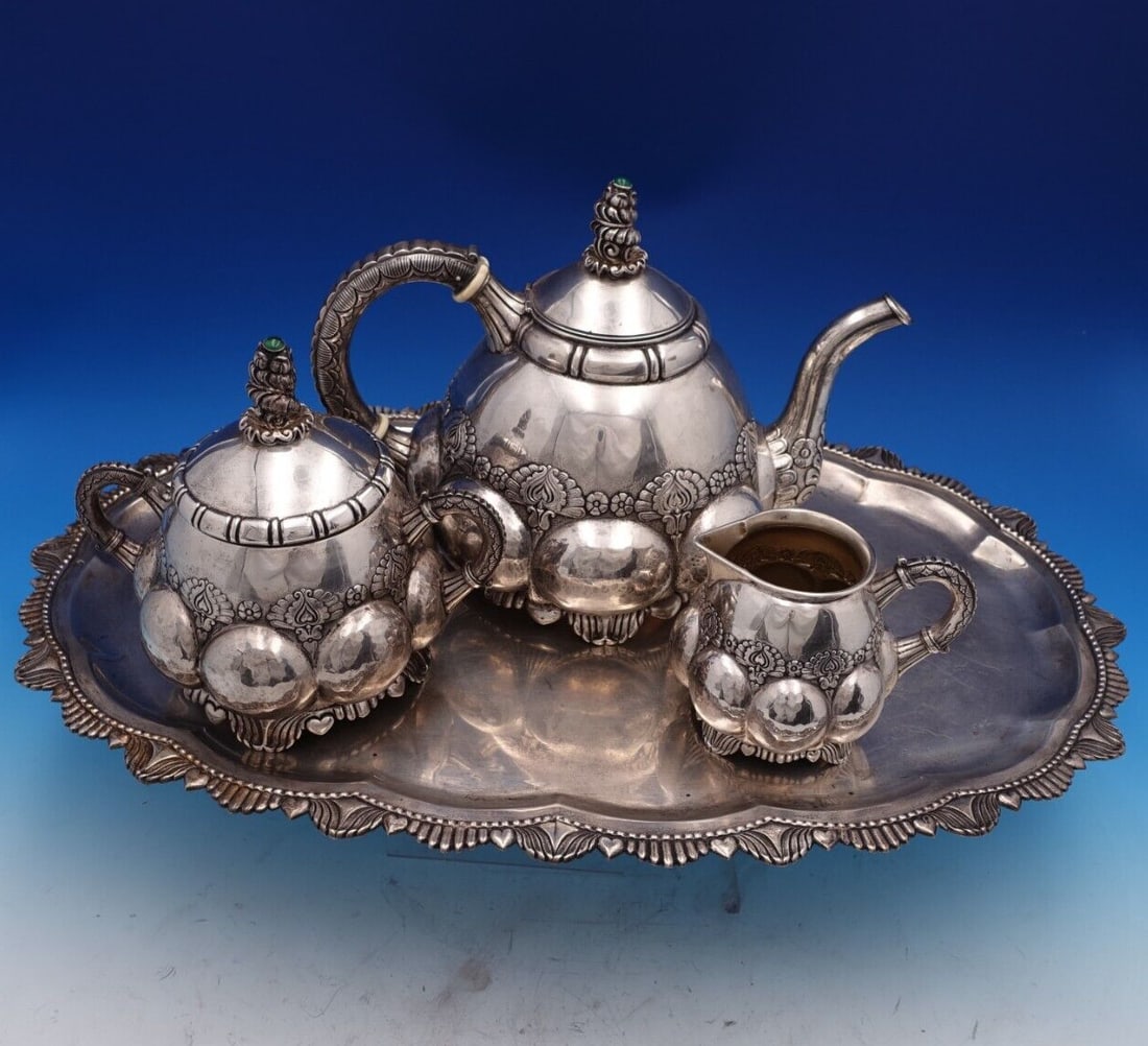 Hungarian 935 Silver Art Deco Tea Set 4pc Hand Hammered with Green Stone Finials (1 of 18)