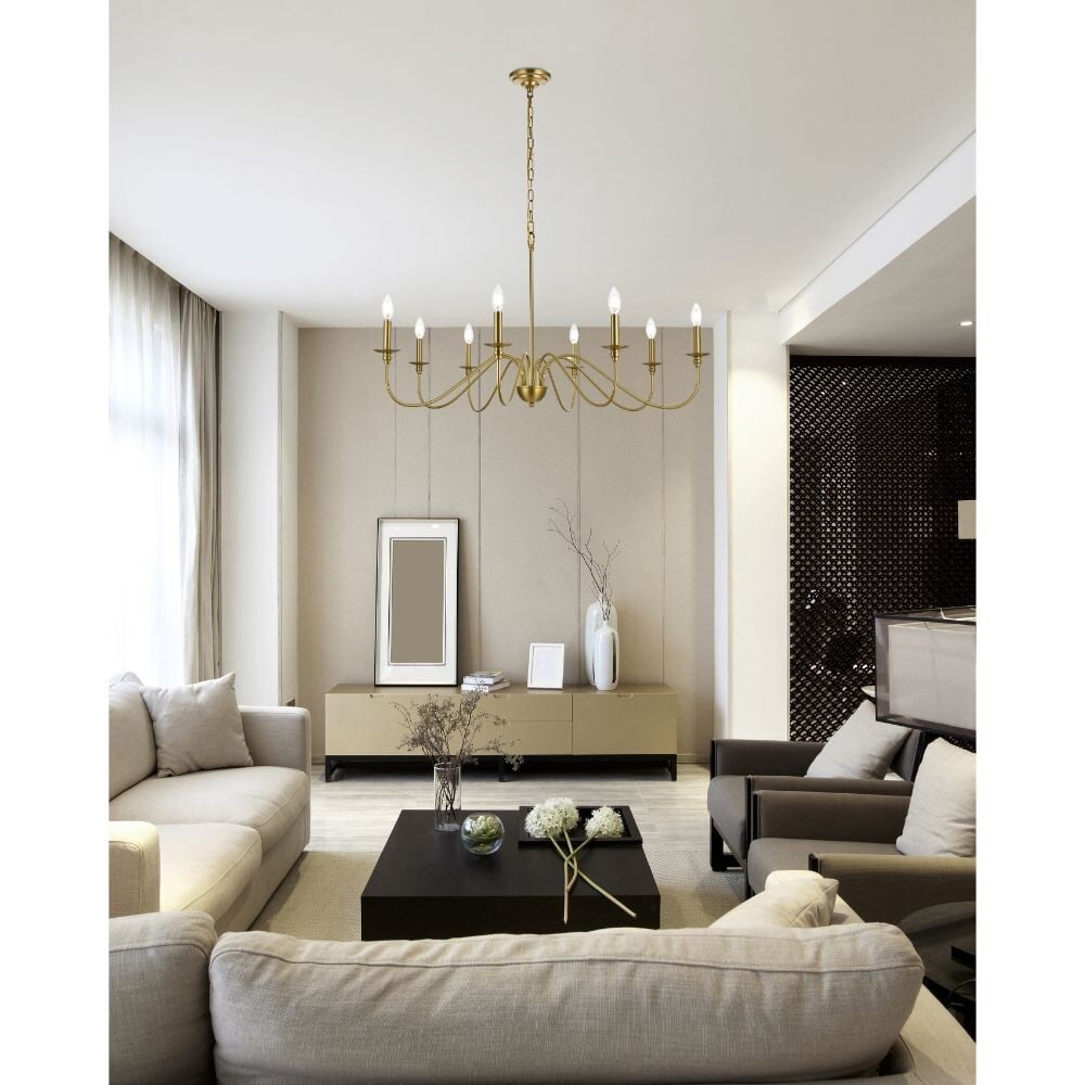 Living District Rohan 8-Light Satin Gold Chandelier: Living District Rohan 8-Light Satin Gold Chandelier This chandelier features a modern farmhouse design with a satin gold finish and a sturdy metal frame in the style of wrought iron. It is equipped wi