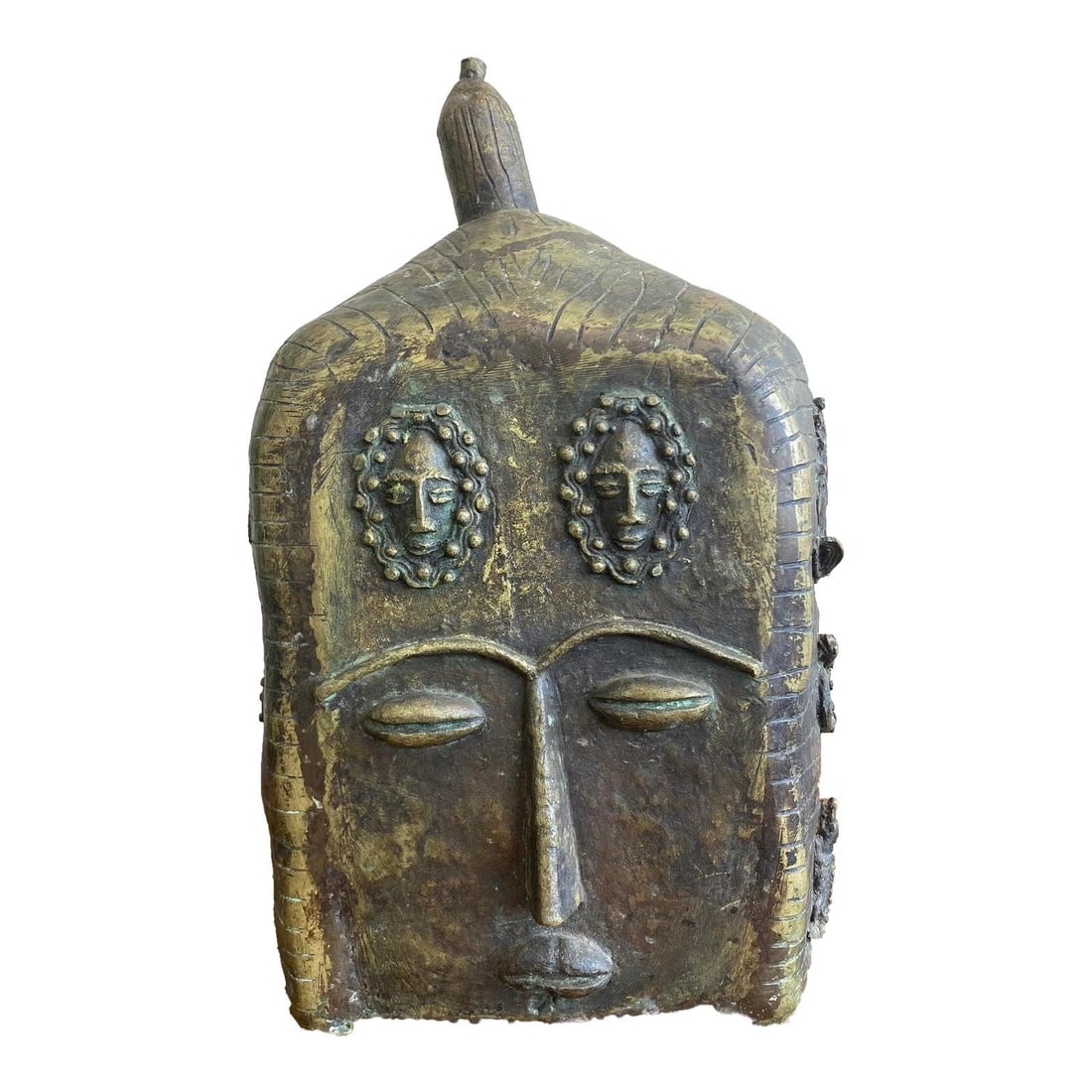 Bronze Tribal Sculpture with Mottled Patina and Spiritual Faces: Bronze Tribal Sculpture with Mottled Patina and Spiritual Faces Introducing a stunning Boho Tribal-Inspired Bronze Sculpture that captures the essence of ceremonial mystique combined with brutalist cr