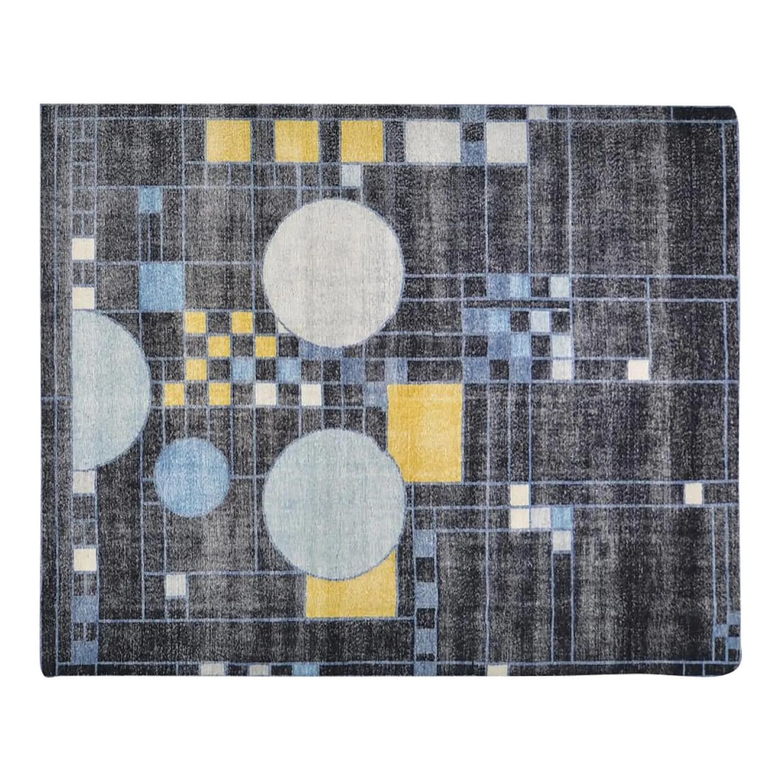Royal Blue Hand-Knotted Wool Rug Modern Indian Art Deco 121 x 98