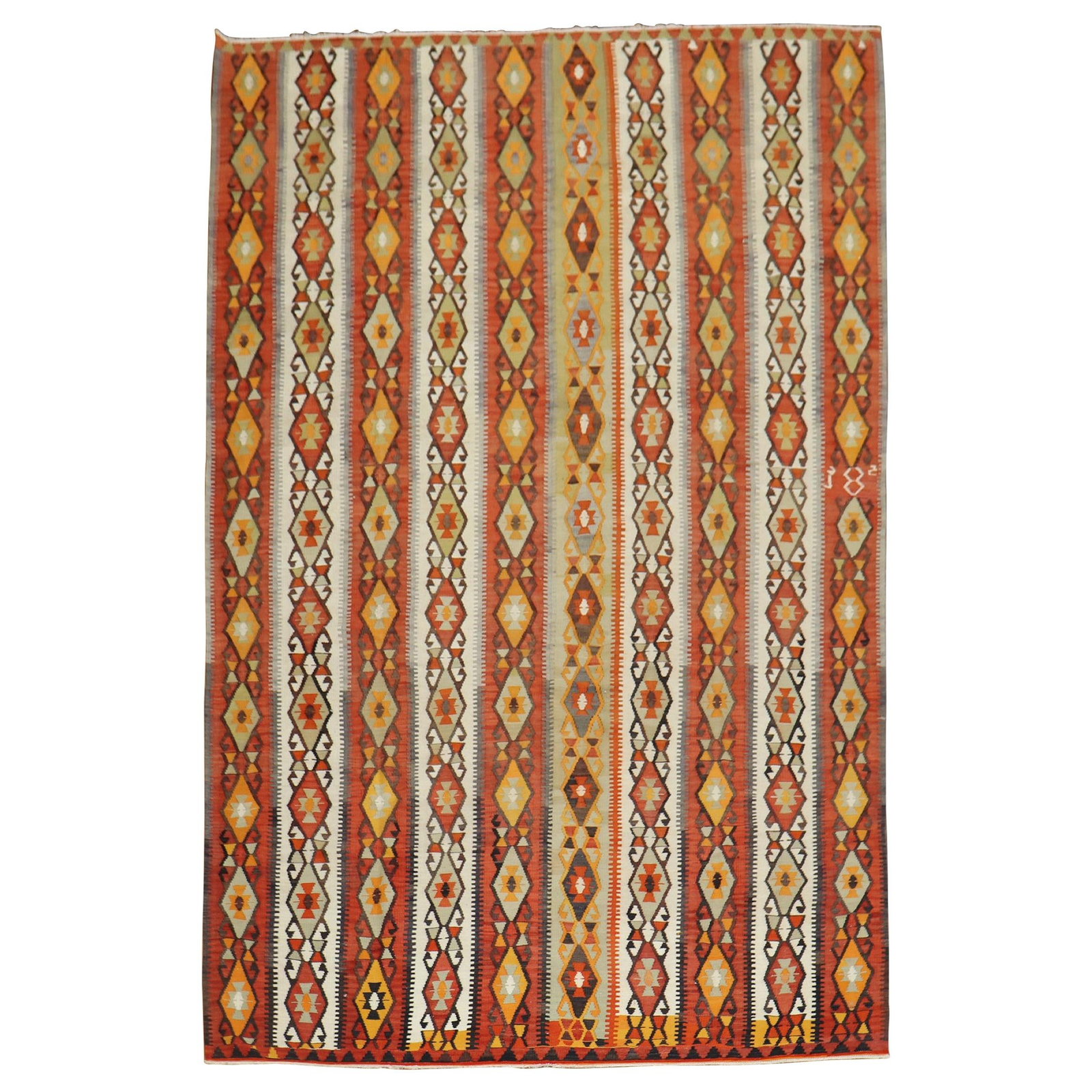 Turkish Tribal Wool Kilim Rug 93 x 156 Rustic Geometric: Turkish Tribal Wool Kilim Rug 93 x 156 Rustic Geometric Discover this one-of-a-kind Turkish Kilim flat-weave, meticulously hand-knotted in the 1940s. Featuring a rustic all-over geometric design in vi