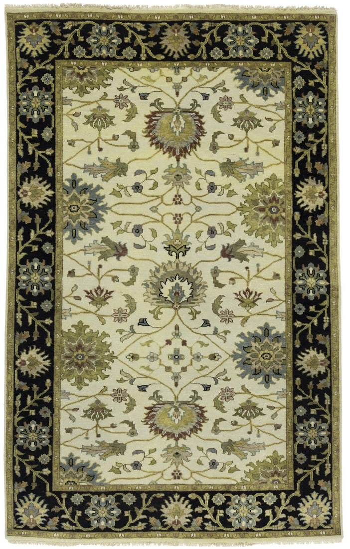5x8 Wool Area Rug Floral Pattern Hand-Knotted Peshawar Modern Design: 5x8 Wool Area Rug Floral Pattern Hand-Knotted Peshawar Modern Design This handmade Osh Chobi Peshawar area rug features a traditional floral pattern in a variety of colors including cream, black, rust
