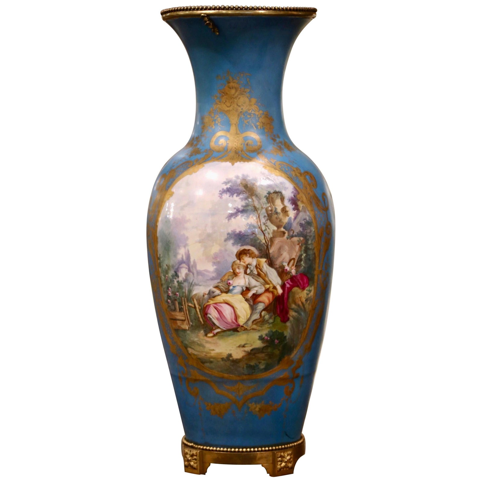 Louis XVI Style French Blue Porcelain Vase Attributed to Sevres Circa 1860: Louis XVI Style French Blue Porcelain Vase Attributed to Sevres Circa 1860 This monumental 19th-century French Louis XVI style porcelain vase is attributed to Manufacture Nationale de Sevres. Created 
