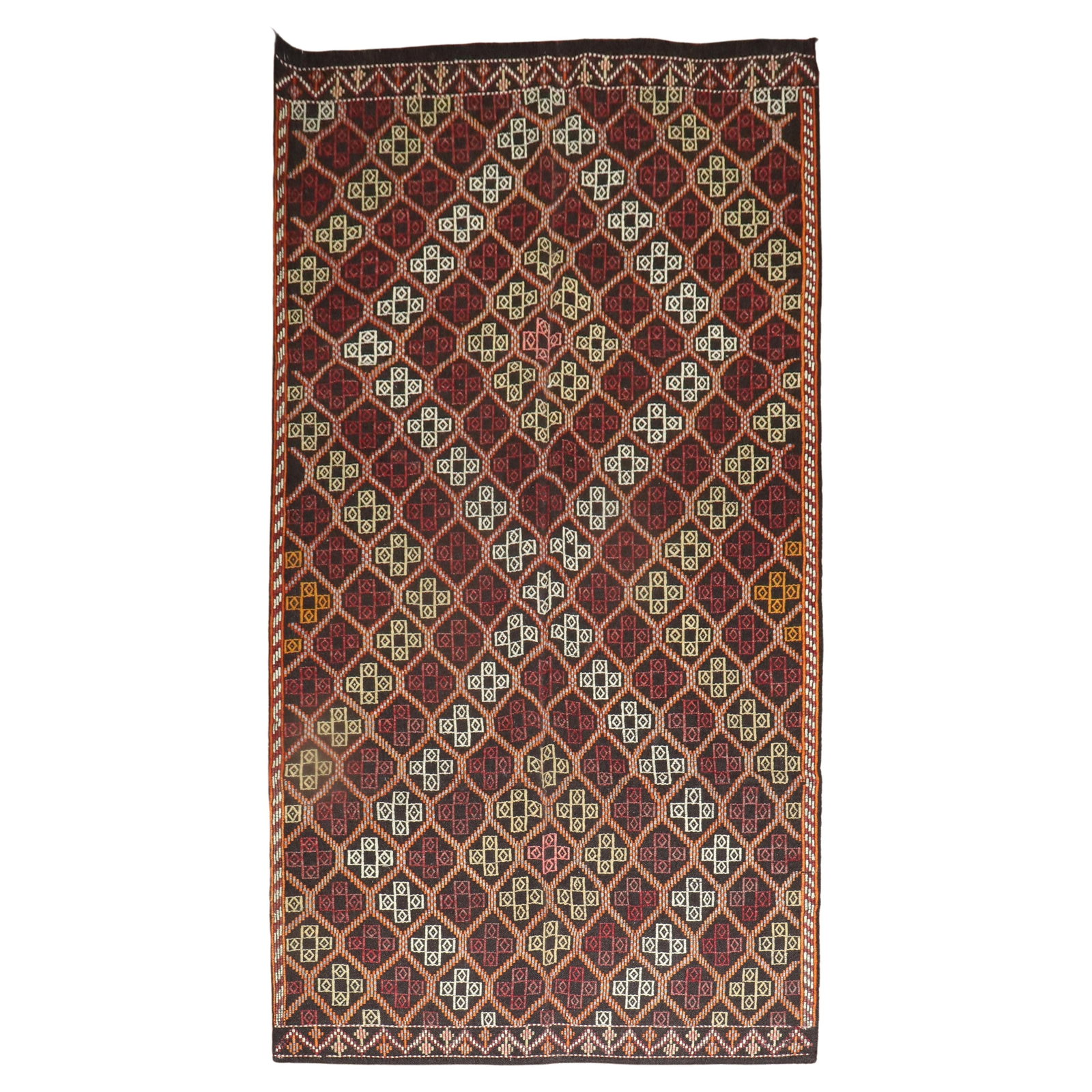 Mid-20th Century Jijim Turkish Kilim Hand-Woven Wool Rug 64 x 122: Mid-20th Century Jijim Turkish Kilim Hand-Woven Wool Rug 64 x 122 Enhance your space with this exquisite Jijim Turkish Kilim, a stunning piece handcrafted in Turkey during the mid-20th century. This k