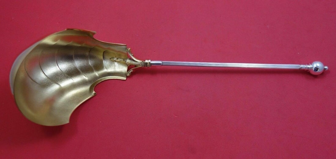 Wood & Hughes Ball End Sterling Silver 13 Soup Ladle Helmet Bowl: Wood & Hughes Ball End Sterling Silver 13 Soup Ladle Helmet Bowl This exquisite soup ladle from Wood & Hughes features a striking gold-washed helmet-shaped bowl, measuring 13 inches in length. The lad