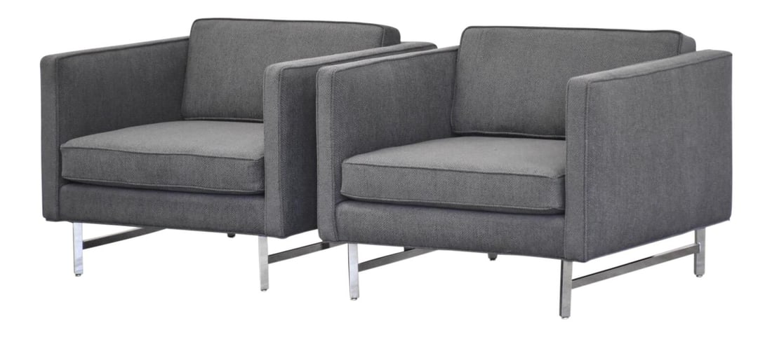 Mid Century Modern Grey Cube Lounge Chairs Pair Chrome Frames: Mid Century Modern Grey Cube Lounge Chairs Pair Chrome Frames Enhance your living space with this stunning pair of mid-century modern grey cube lounge chairs. Featuring polished chrome frames reminisc