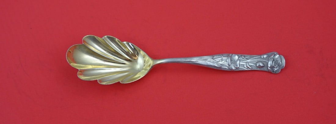 Shiebler Flora Sterling Silver Sugar Spoon Gold Washed Bowl 5 7/8": Shiebler Flora Sterling Silver Sugar Spoon Gold Washed Bowl 5 7/8" This exquisite sugar spoon features the elegant Flora pattern by Shiebler, crafted from sterling silver with a beautifully gold-washe