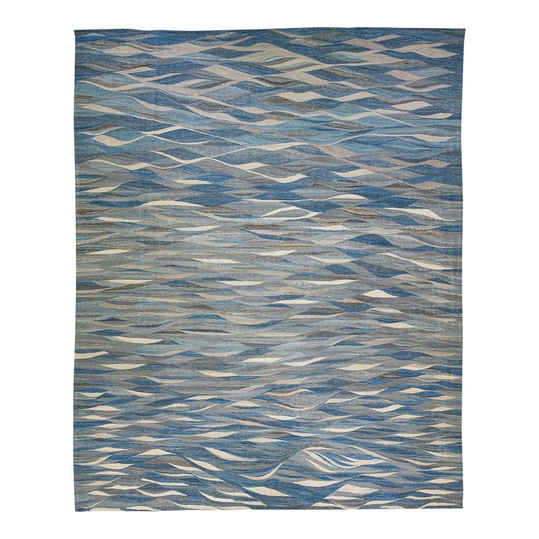 12' x 14'9' Blue Abstract Kilim Wool Rug Modern Design: 12' x 14'9' Blue Abstract Kilim Wool Rug Modern Design Enhance your living space with this stunning 12' x 14'9" blue modern flat-weave wool rug. Handcrafted in a traditional Kilim style, this rug feat